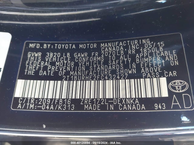 Toyota COROLLA LE 2015 2T1BURHE2FC432427 Image 9
