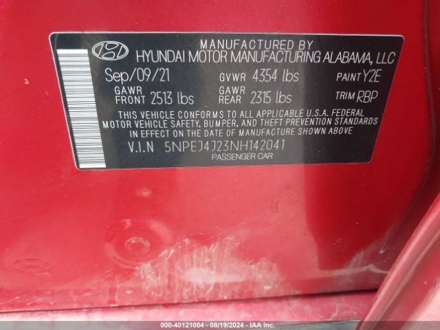 5NPEJ4J23NH142041 Hyundai Sonata Sel Plus