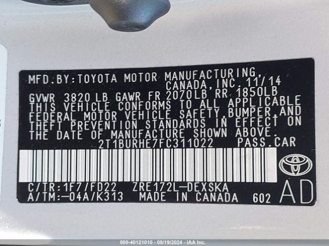 2T1BURHE7FC311022 Toyota Corolla S