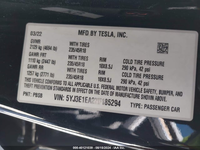 2022 TESLA MODEL 3 5YJ3E1EA2NF185294 Photo 8
