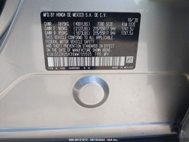 3CZRU5H38MM705505 Honda Hr-v 2wd Lx