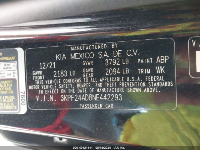 3KPF24AD8NE442293 KIA FORTE FE