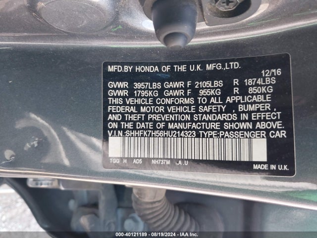 Honda CIVIC EX 2017 SHHFK7H56HU214323 Image 9