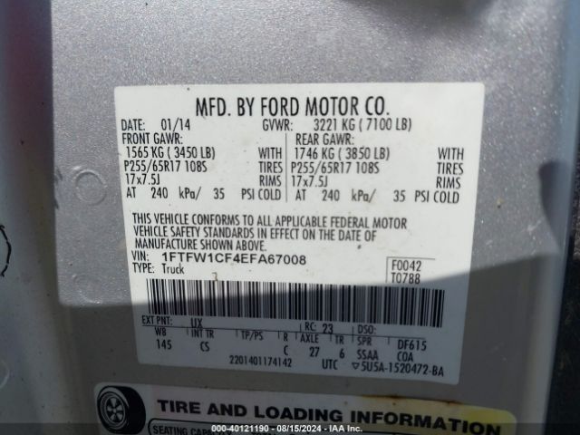 1FTFW1CF4EFA67008 Ford F-150 Xl
