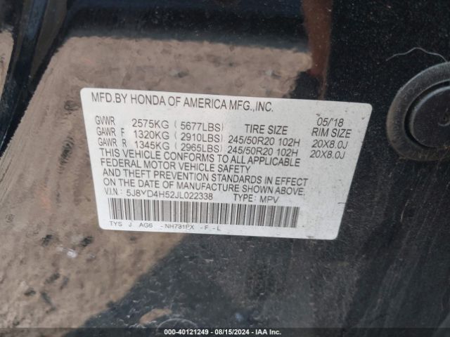 5J8YD4H52JL022338 Acura Mdx Technology Package   Acurawatch Plus Pkg