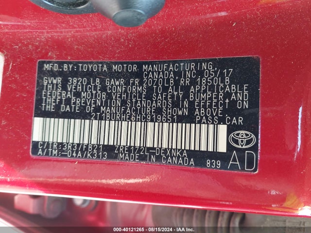 Aukcja sprzedaży 2017 Toyota Corolla Le, vin: 2T1BURHE6HC919651, numer aukcji: 40121265