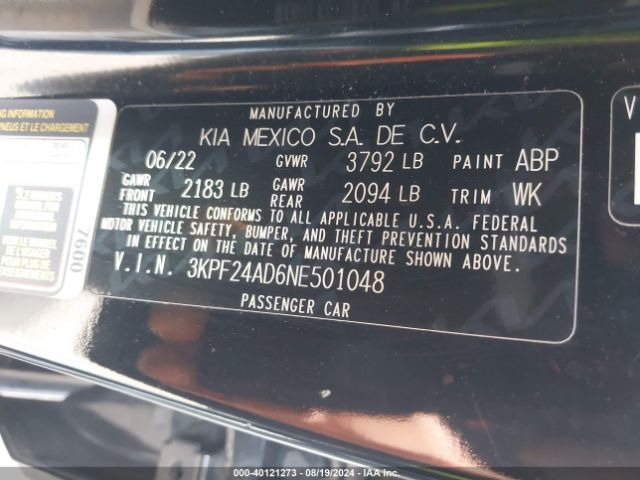 3KPF24AD6NE501048 KIA FORTE FE