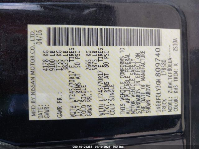 1N6BF0LY3GN809740 Nissan Nv Cargo Nv2500 Hd Sv V6