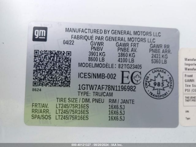 1GTW7AF78N1196982 GMC Savana Cargo Rwd 2500 Regular Wheelbase Work Van