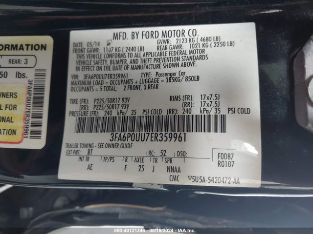 Ford Fusion Hybrid S 2014 3FA6P0UU7ER359961 Image 9