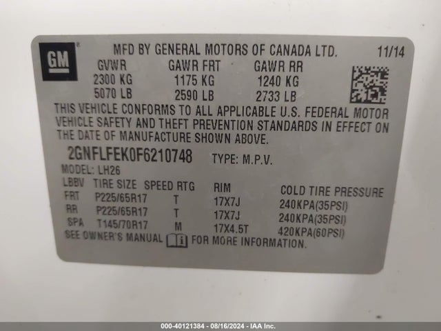 Chevrolet EQUINOX 1LT 2015 2GNFLFEK0F6210748 Image 9