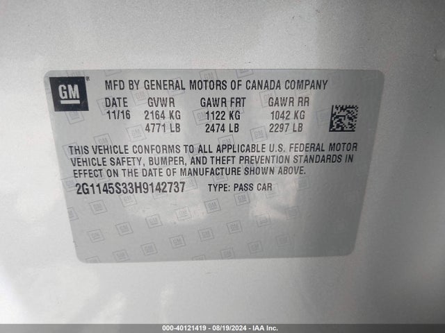 Chevrolet IMPALA 2LZ 2017 2G1145S33H9142737 Image 9
