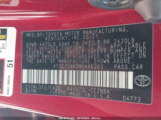 Toyota CAMRY LE 2021 4T1C11AK0MU466263 Image 9