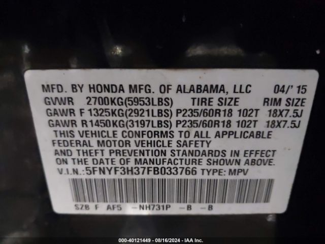 5FNYF3H37FB033766 Honda PILOT SE