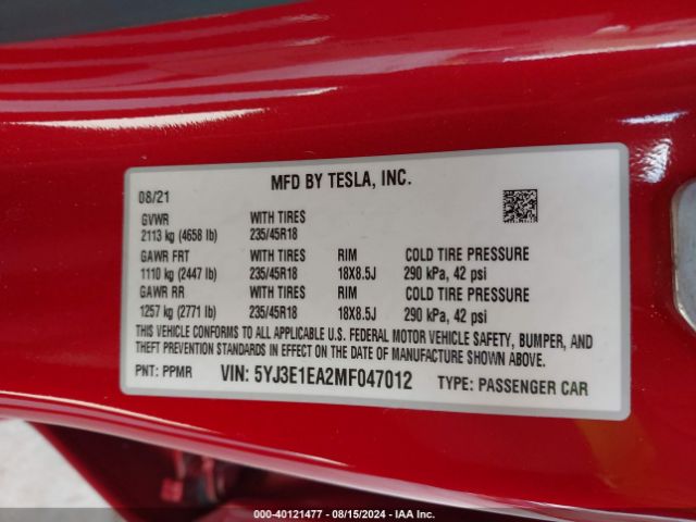 5YJ3E1EA2MF047012 Tesla Model 3 Standard Range Plus Rear-wheel Drive
