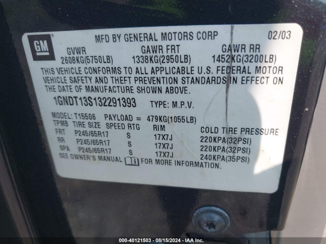 2003 CHEVROLET TRAILBLAZER 1GNDT13S132291393 Photo 8