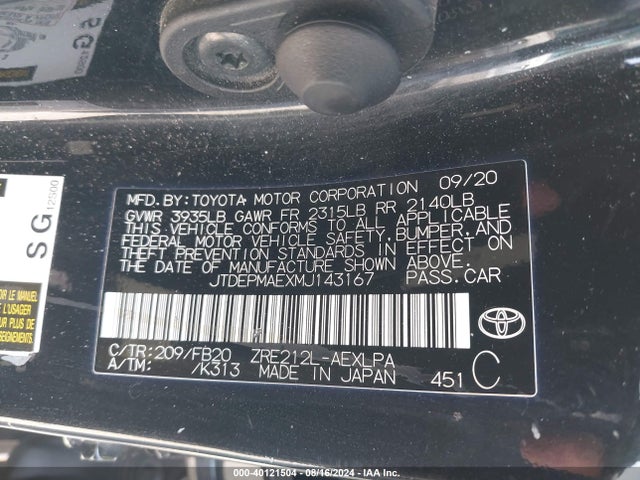 Toyota COROLLA LE 2021 JTDEPMAEXMJ143167 Image 9
