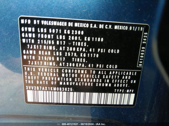 3VV2B7AX1KM083625 Volkswagen Tiguan 2.0t Se/2.0t Sel/2.0t Sel R-line/2.0t Sel R-line Black