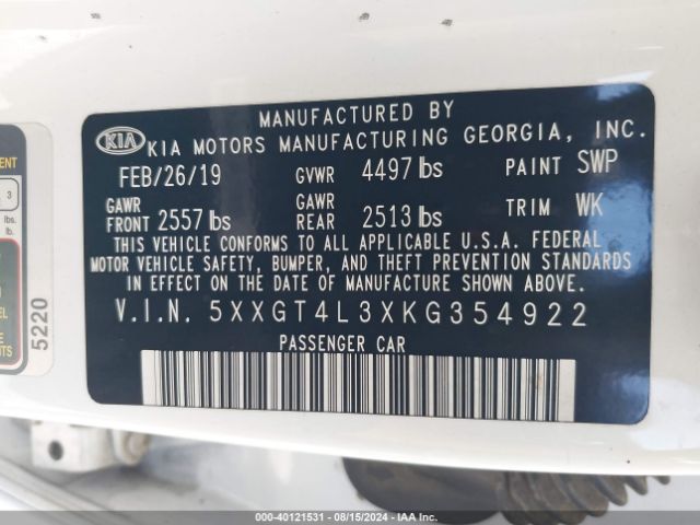 5XXGT4L3XKG354922 KIA Optima Lx