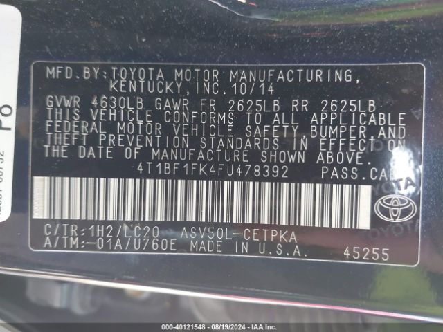 4T1BF1FK4FU478392 Toyota CAMRY XSE