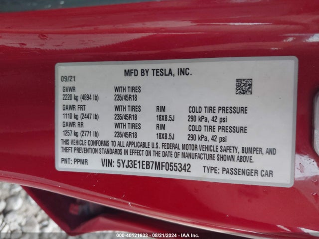 2021 TESLA MODEL 3 5YJ3E1EB7MF055342 Photo 8