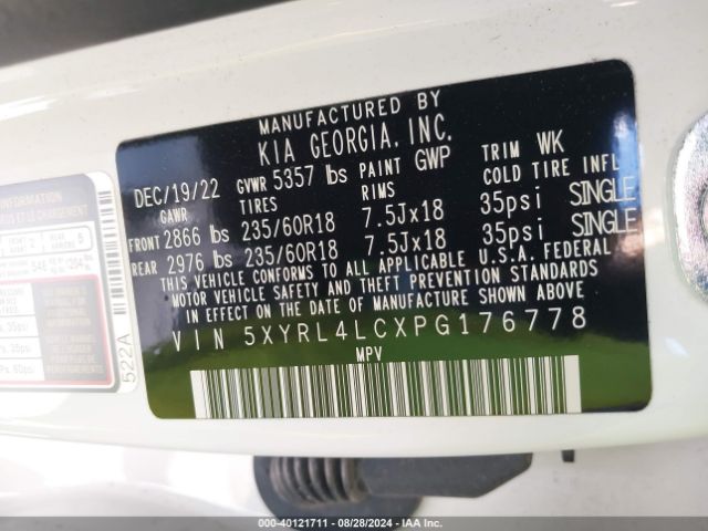 5XYRL4LCXPG176778 KIA SORENTO S