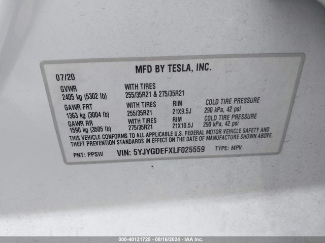 2020 TESLA MODEL Y 5YJYGDEFXLF025559 Photo 8