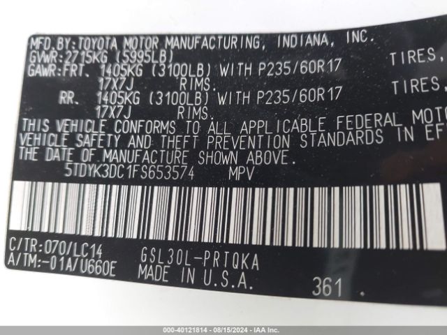 5TDYK3DC1FS653574 Toyota Sienna Xle 8 Passenger