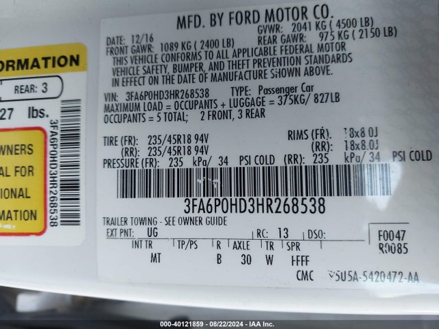 Ford FUSION SE 2017 3FA6P0HD3HR268538 Image 9