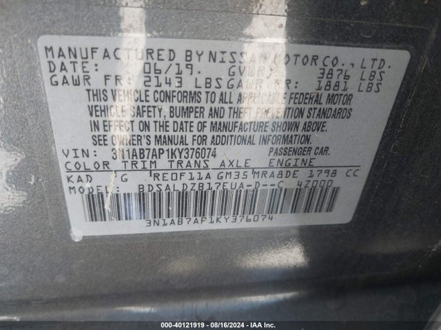 Nissan SENTRA SV 2019 3N1AB7AP1KY376074 Image 9