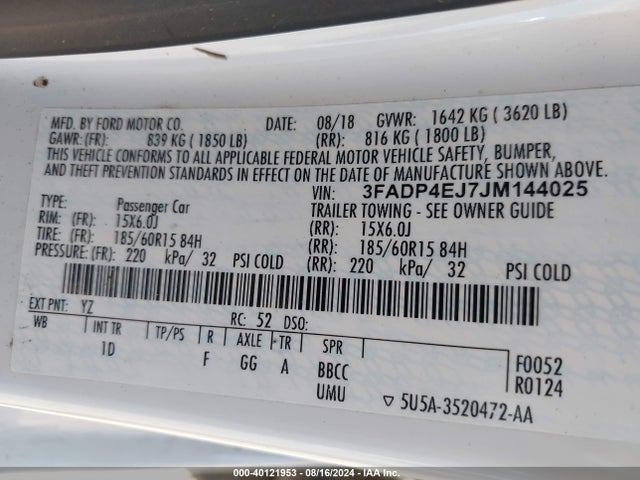 Ford FIESTA SE 2018 3FADP4EJ7JM144025 Image 9