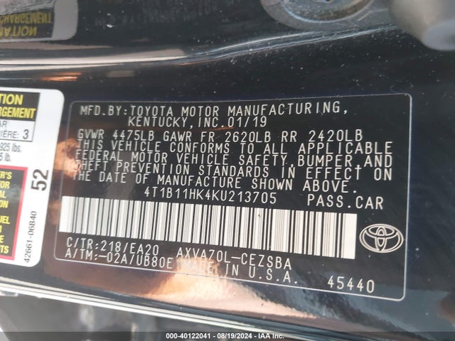 Toyota CAMRY SE 2019 4T1B11HK4KU213705 Image 9