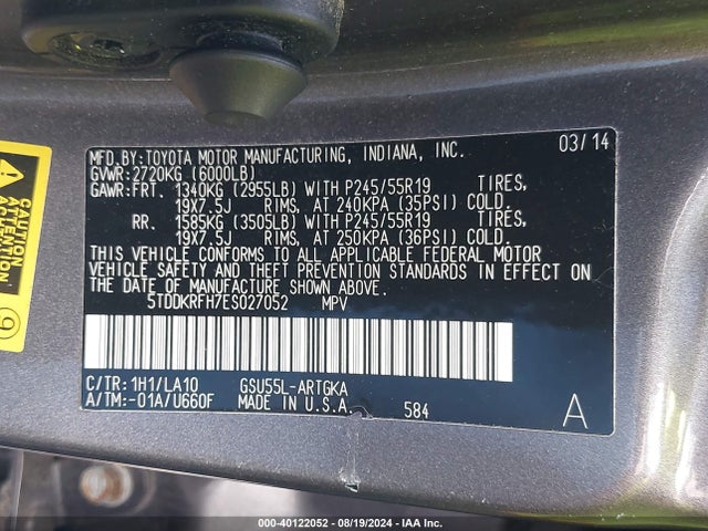 Toyota Highlander Limited V6 2014 5TDDKRFH7ES027052 Image 9