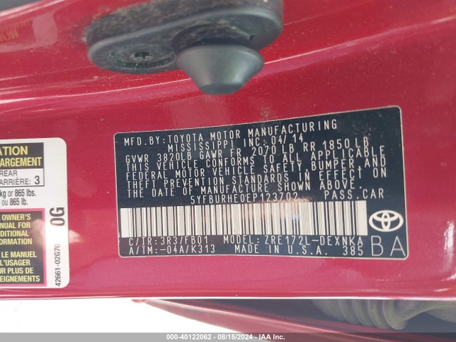 Toyota COROLLA LE 2014 5YFBURHE0EP123702 Image 9