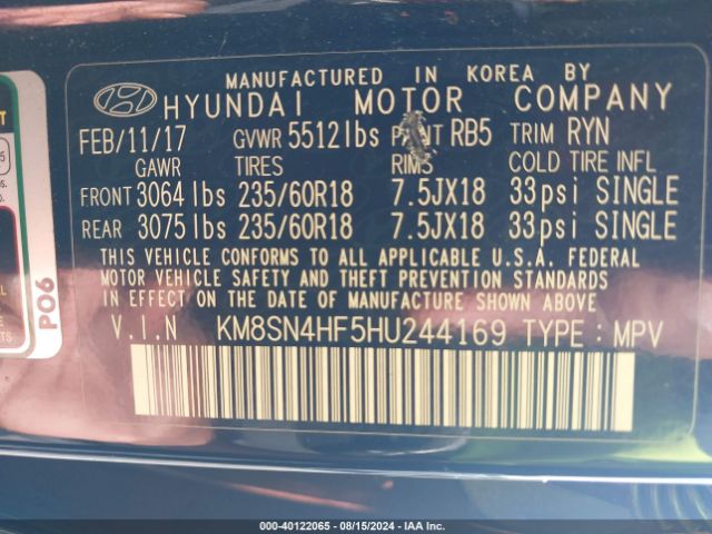 KM8SN4HF5HU244169 Hyundai Santa Fe Se