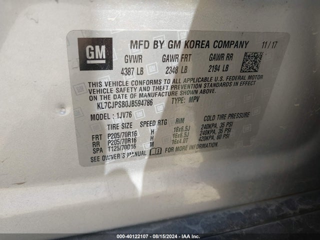 Chevrolet Trax Lt 2018 KL7CJPSB0JB594786 Image 9