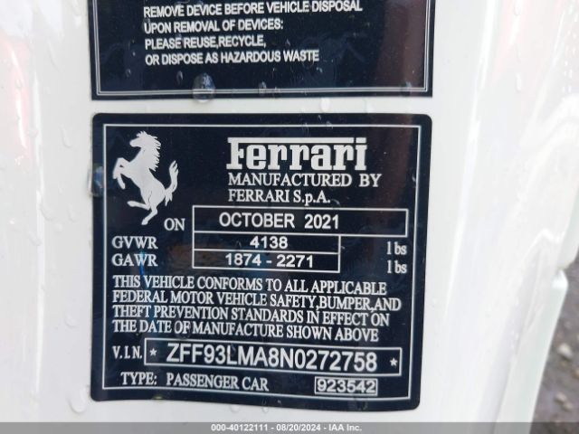 2022 FERRARI F8 SPIDER ZFF93LMA8N0272758 Photo 8