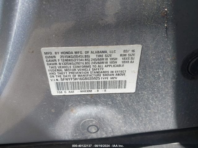 5FNYF5H16GB035925 Honda PILOT LX