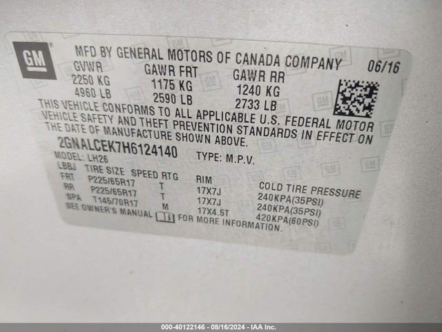 Chevrolet EQUINOX LT 2017 2GNALCEK7H6124140 Image 9
