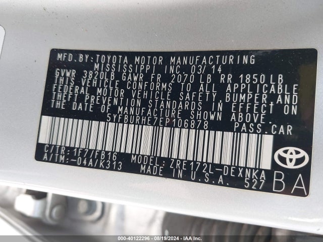Toyota COROLLA LE 2014 5YFBURHE7EP106878 Image 9