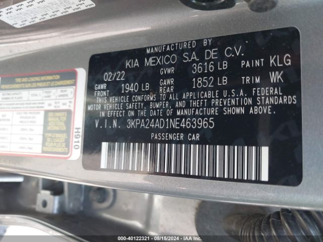 3KPA24AD1NE463965 KIA RIO S