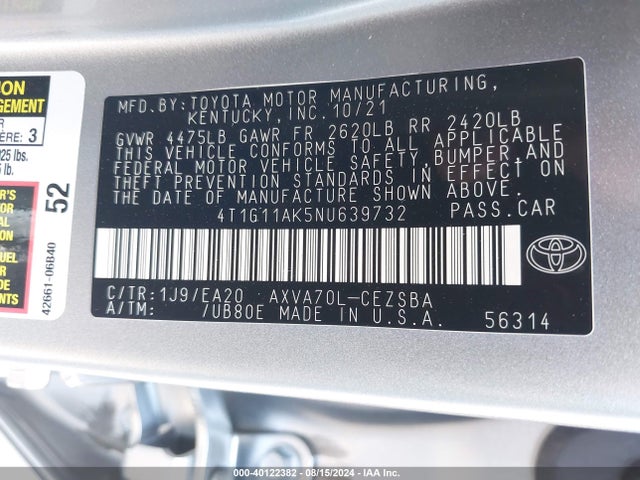 Toyota CAMRY SE 2022 4T1G11AK5NU639732 Image 9
