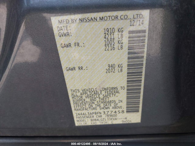 Nissan Altima 2.5 S 2015 1N4AL3AP8FN377458 Image 9