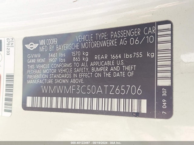 2010 MINI COOPER WMWMF3C50ATZ65706 Photo 8