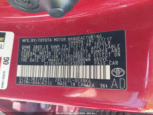 Toyota COROLLA LE 2017 2T1BURHE9HC832701 Image 9