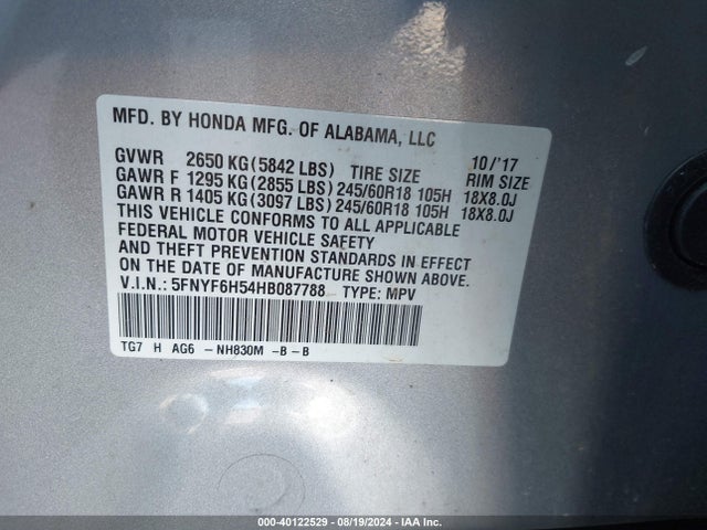 Honda Pilot Ex-l 2017 5FNYF6H54HB087788 Image 9