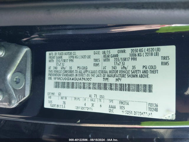 Ford ESCAPE SE 2016 1FMCU0GX4GUA76307 Image 9