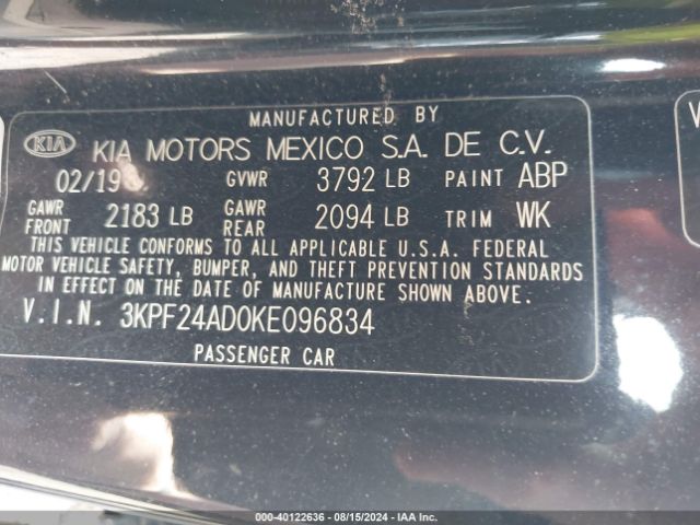 3KPF24AD0KE096834 KIA FORTE FE