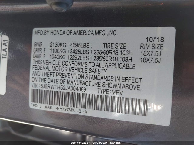 Honda CR-V EX 2018 5J6RW1H52JA004889 Image 9