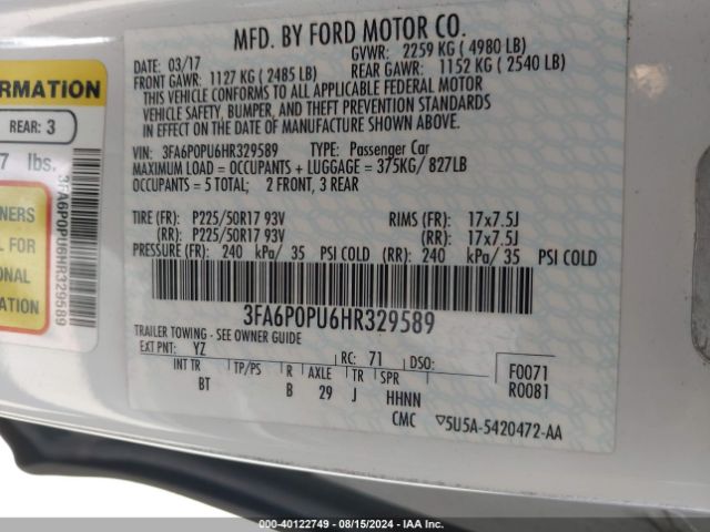 3FA6P0PU6HR329589 Ford Fusion Energi Se Luxury